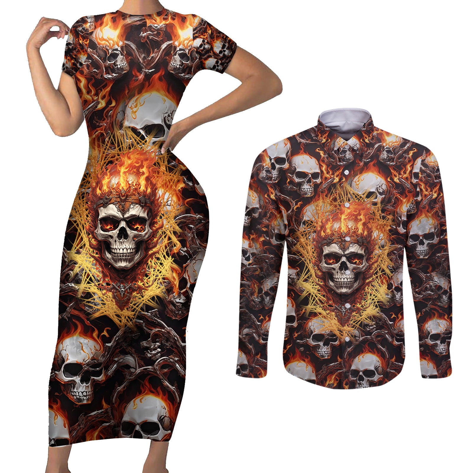 Flaming Skull Couples Matching Short Sleeve Bodycon Dress and Long Sleeve Button Shirts Judge Me When You're Perfect Otherwise Shut Up - Wonder Print Shop