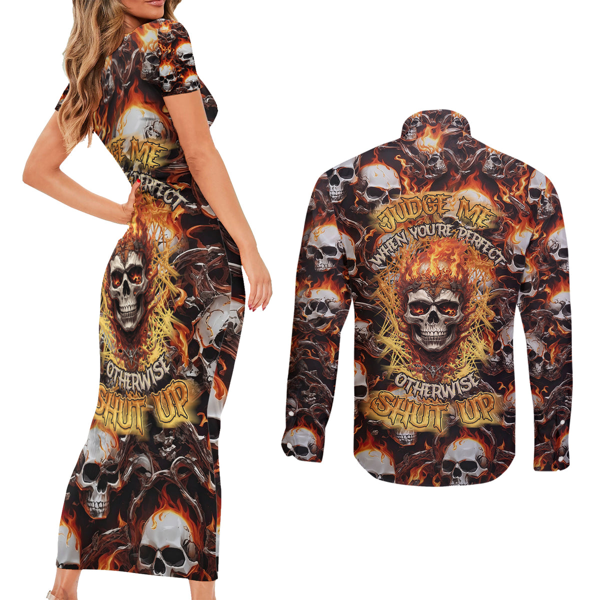 Flaming Skull Couples Matching Short Sleeve Bodycon Dress and Long Sleeve Button Shirts Judge Me When You're Perfect Otherwise Shut Up - Wonder Print Shop