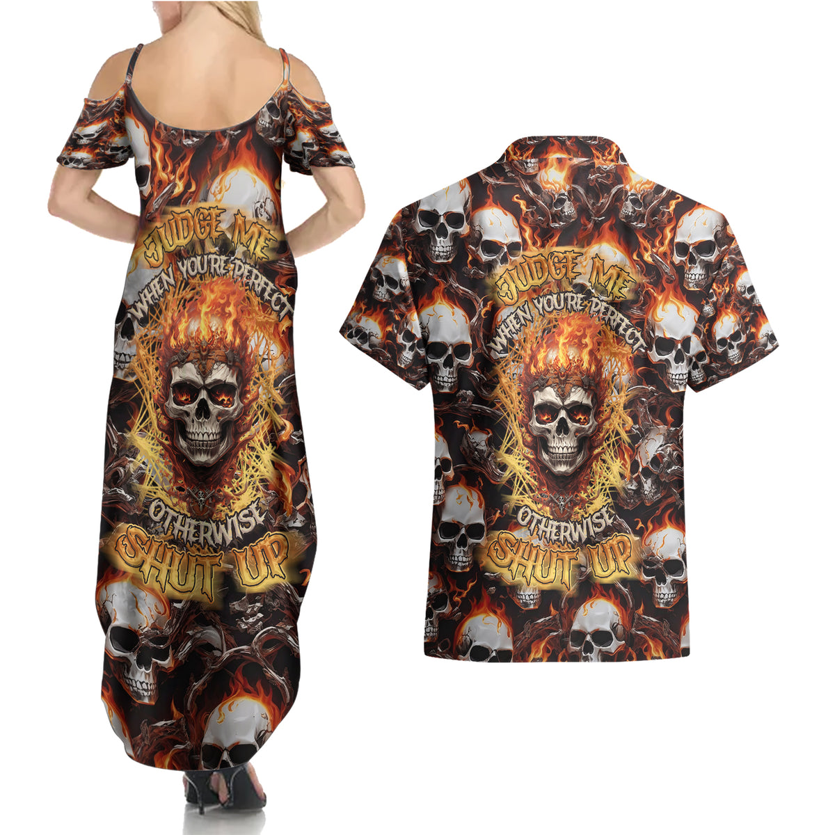 Flaming Skull Couples Matching Summer Maxi Dress and Hawaiian Shirt Judge Me When You're Perfect Otherwise Shut Up - Wonder Print Shop