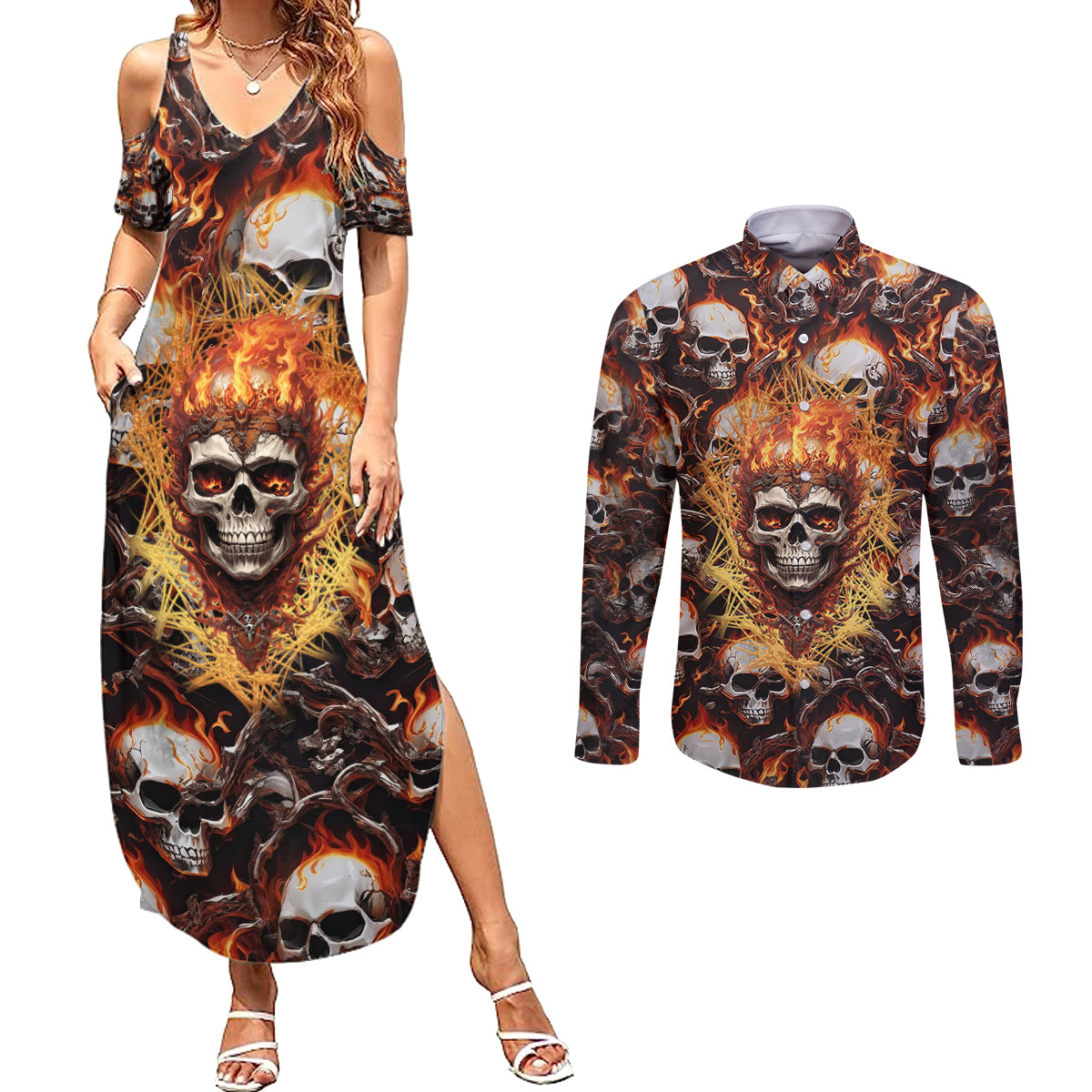 Flaming Skull Couples Matching Summer Maxi Dress and Long Sleeve Button Shirts Judge Me When You're Perfect Otherwise Shut Up - Wonder Print Shop