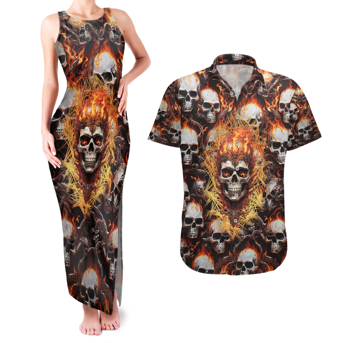 Flaming Skull Couples Matching Tank Maxi Dress and Hawaiian Shirt Judge Me When You're Perfect Otherwise Shut Up - Wonder Print Shop