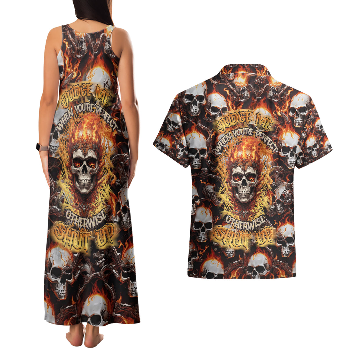 Flaming Skull Couples Matching Tank Maxi Dress and Hawaiian Shirt Judge Me When You're Perfect Otherwise Shut Up - Wonder Print Shop