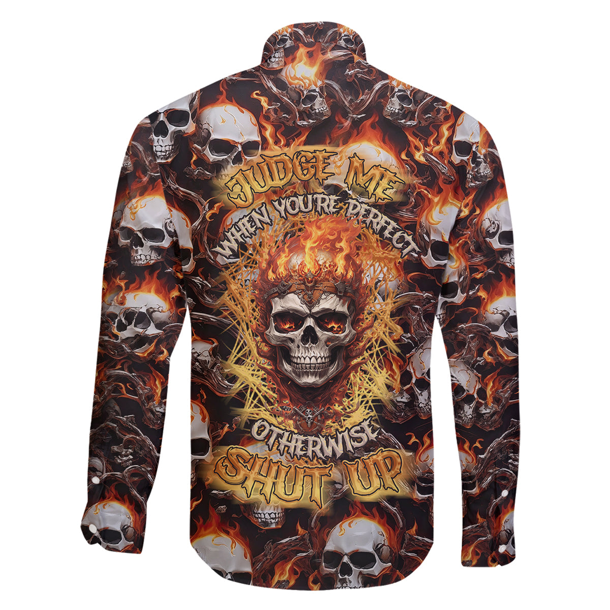 Flaming Skull Family Matching Long Sleeve Bodycon Dress and Hawaiian Shirt Judge Me When You're Perfect Otherwise Shut Up - Wonder Print Shop