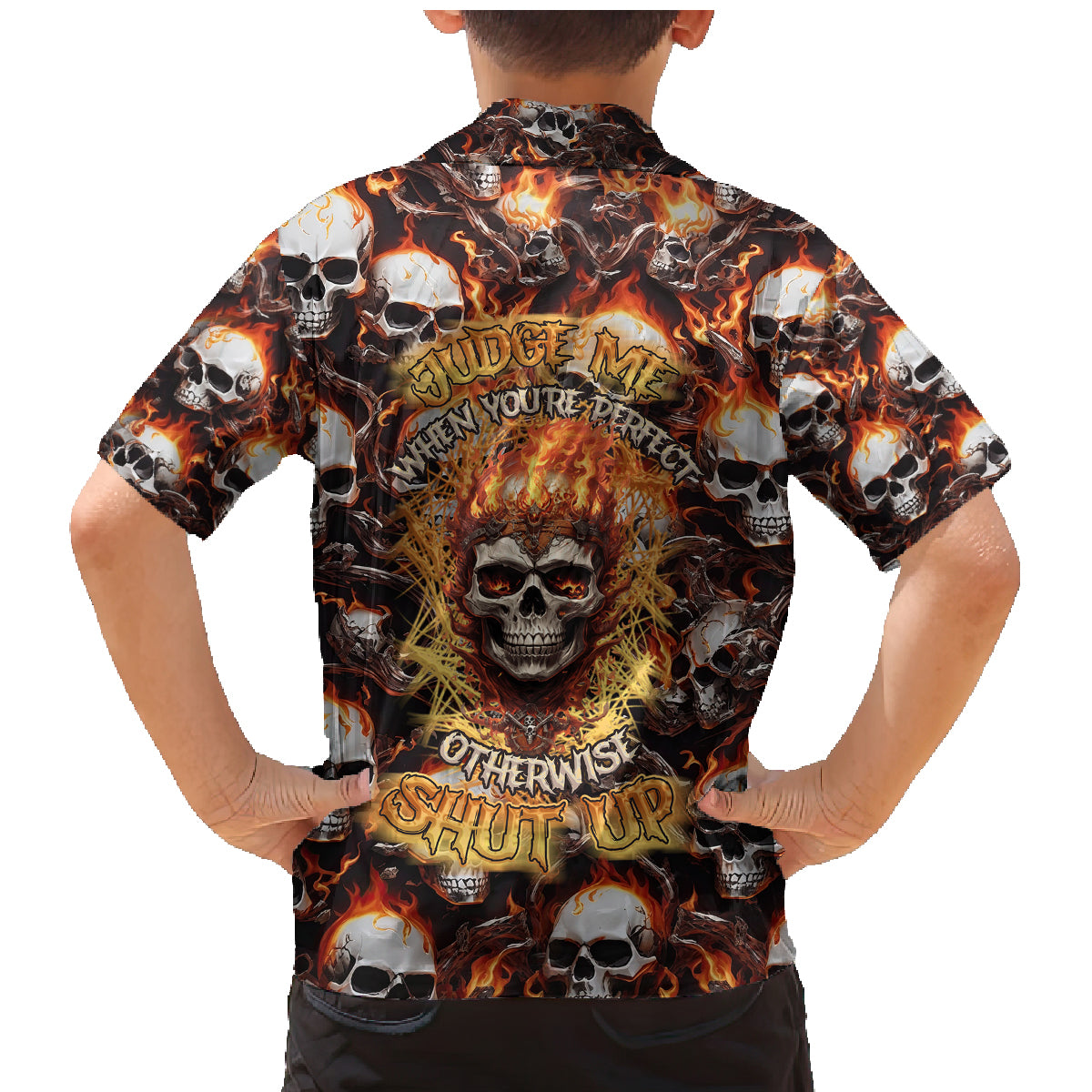 Flaming Skull Family Matching Mermaid Dress and Hawaiian Shirt Judge Me When You're Perfect Otherwise Shut Up - Wonder Print Shop