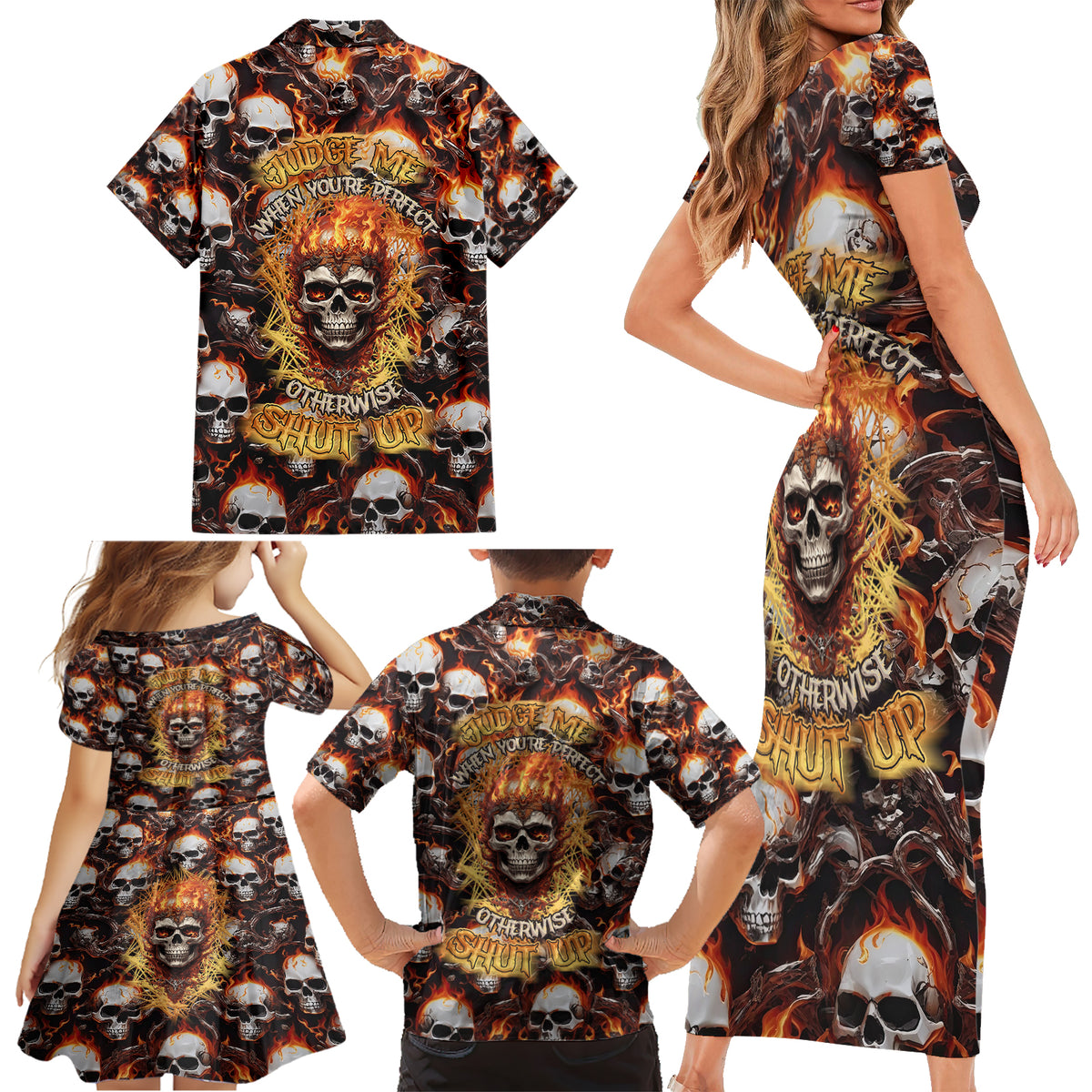 Flaming Skull Family Matching Short Sleeve Bodycon Dress and Hawaiian Shirt Judge Me When You're Perfect Otherwise Shut Up - Wonder Print Shop