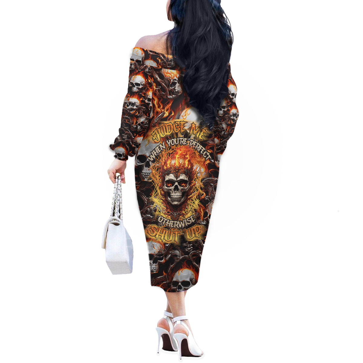 Flaming Skull Off The Shoulder Long Sleeve Dress Judge Me When You're Perfect Otherwise Shut Up - Wonder Print Shop