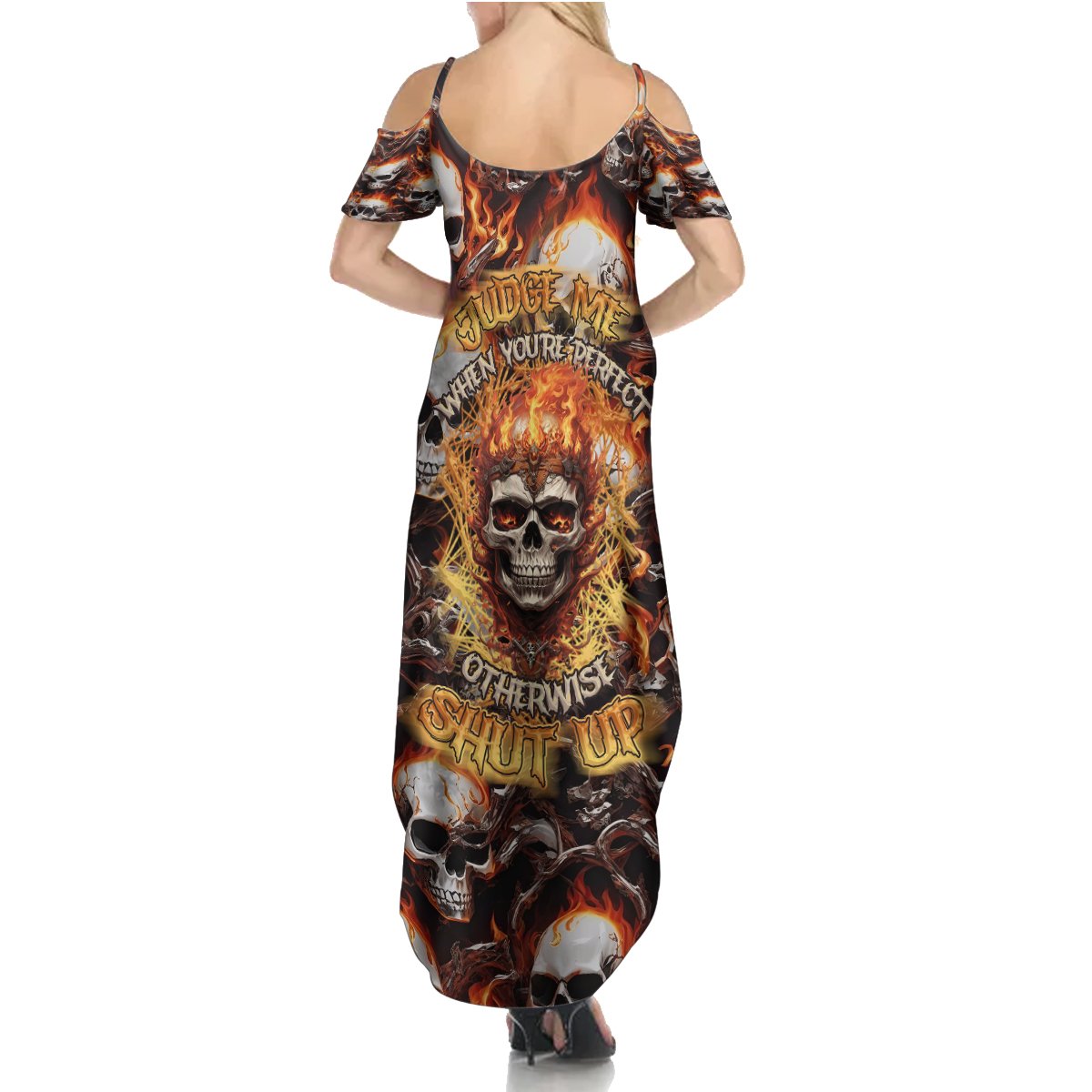 Flaming Skull Summer Maxi Dress Judge Me When You're Perfect Otherwise Shut Up - Wonder Print Shop