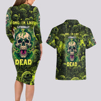 Zombie Skull Couples Matching Long Sleeve Bodycon Dress and Hawaiian Shirt I'm Like Literally Dead - Wonder Print Shop