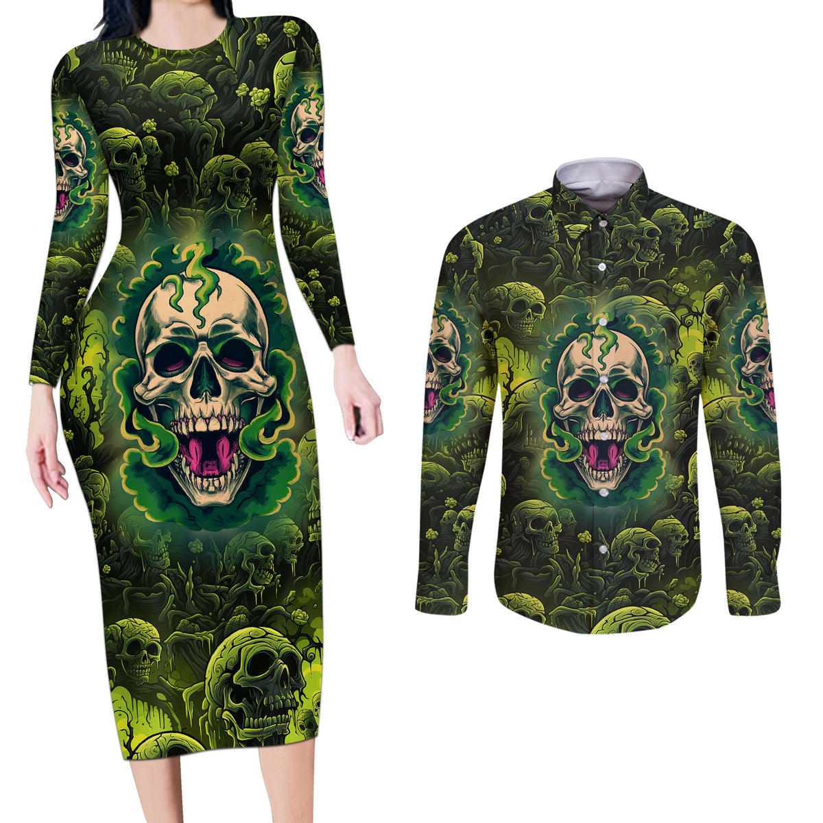 Zombie Skull Couples Matching Long Sleeve Bodycon Dress and Long Sleeve Button Shirts I'm Like Literally Dead - Wonder Print Shop