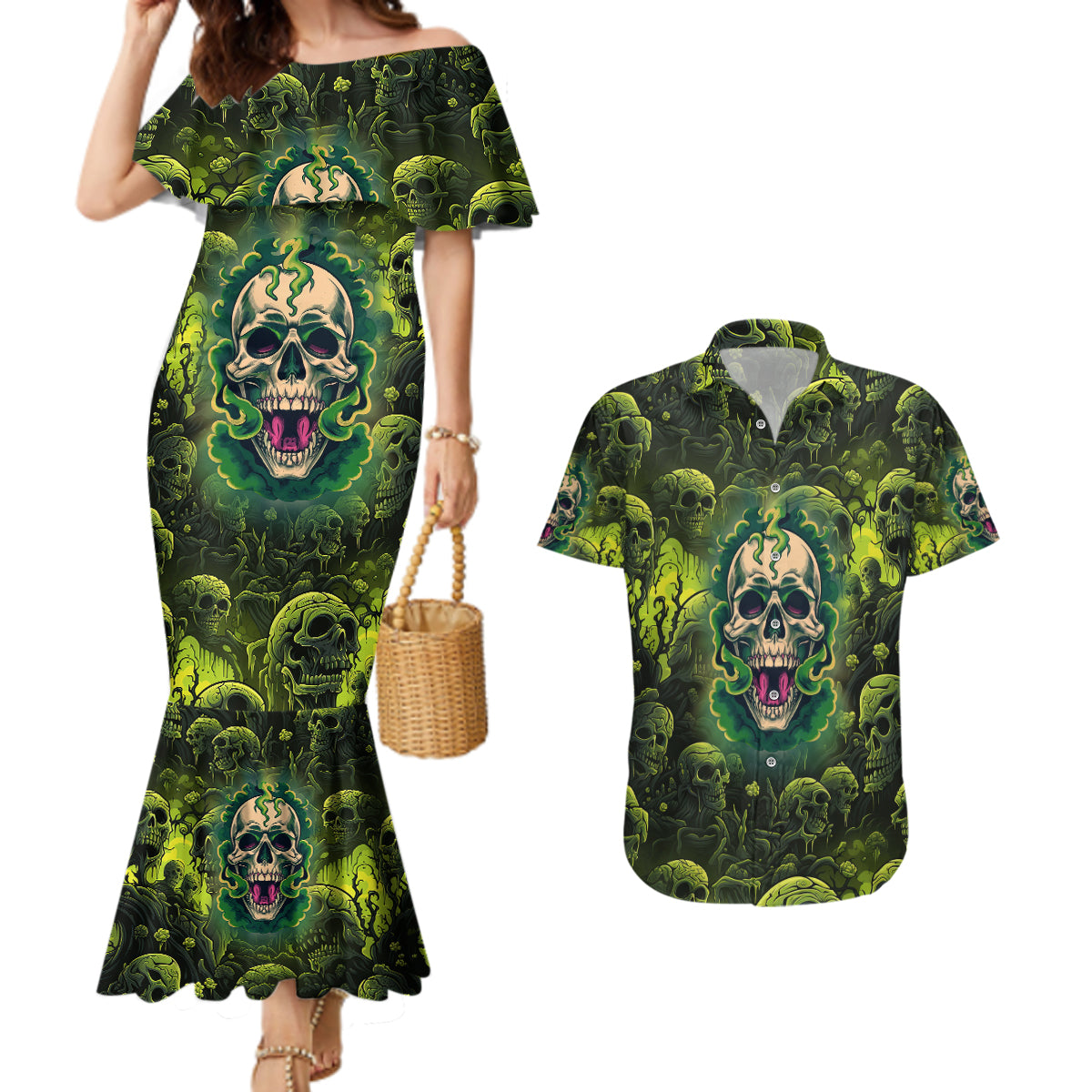 Zombie Skull Couples Matching Mermaid Dress and Hawaiian Shirt I'm Like Literally Dead - Wonder Print Shop