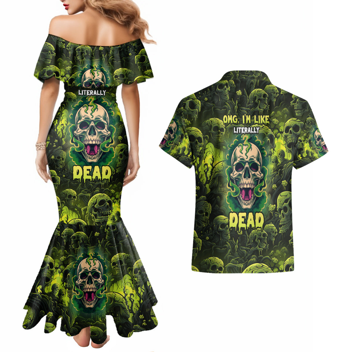 Zombie Skull Couples Matching Mermaid Dress and Hawaiian Shirt I'm Like Literally Dead - Wonder Print Shop