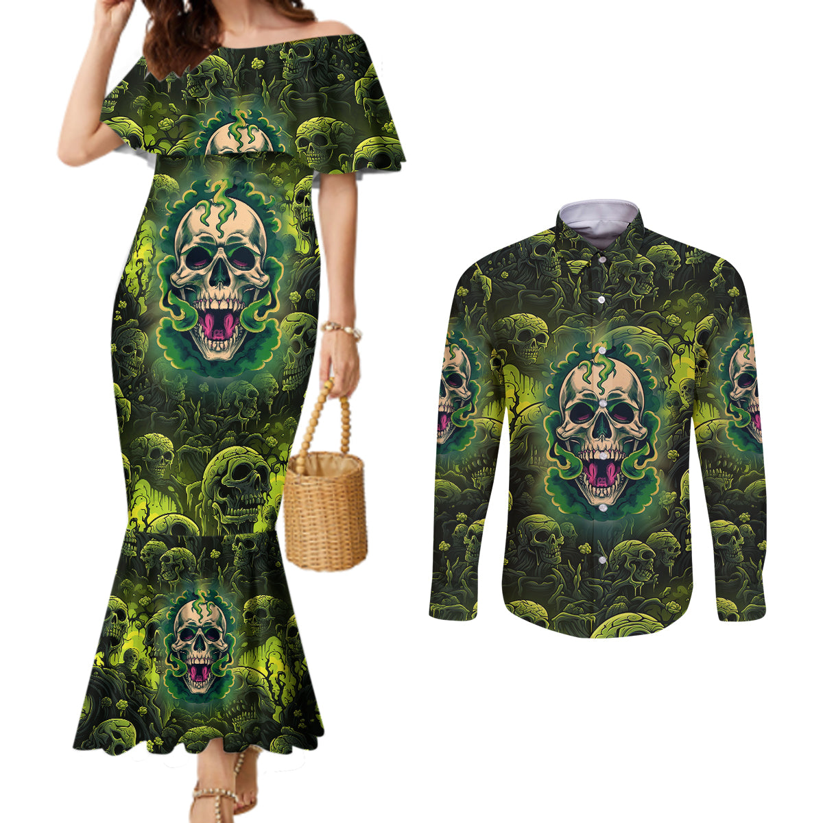zombie-skull-couples-matching-mermaid-dress-and-long-sleeve-button-shirts-im-like-literally-dead