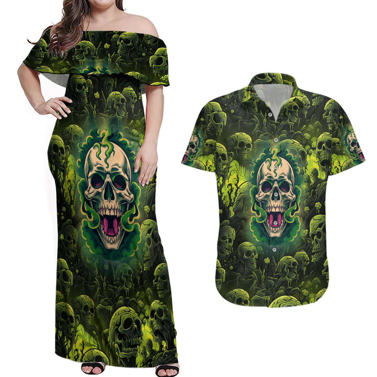 Zombie Skull Couples Matching Off Shoulder Maxi Dress and Hawaiian Shirt I'm Like Literally Dead - Wonder Print Shop