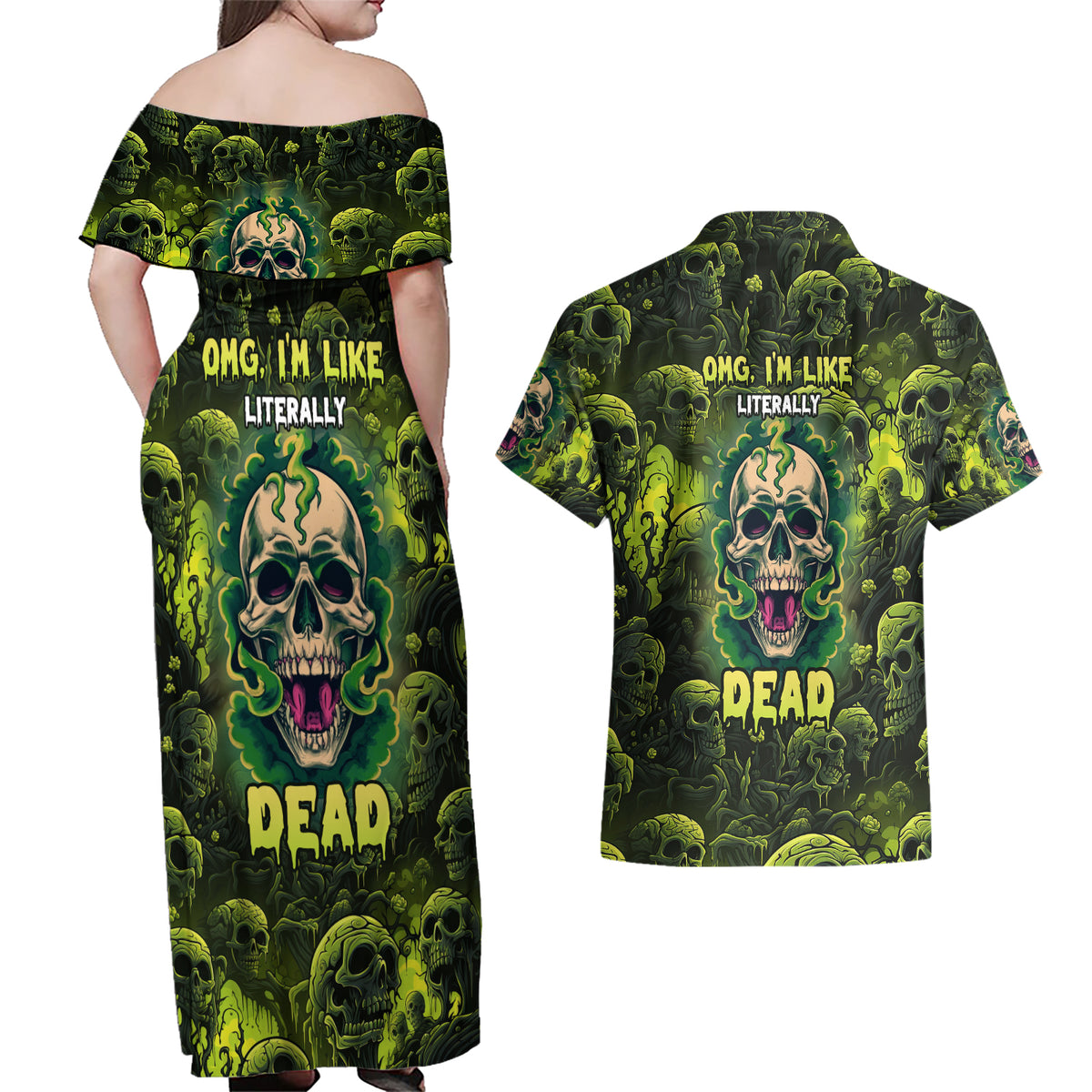 Zombie Skull Couples Matching Off Shoulder Maxi Dress and Hawaiian Shirt I'm Like Literally Dead - Wonder Print Shop