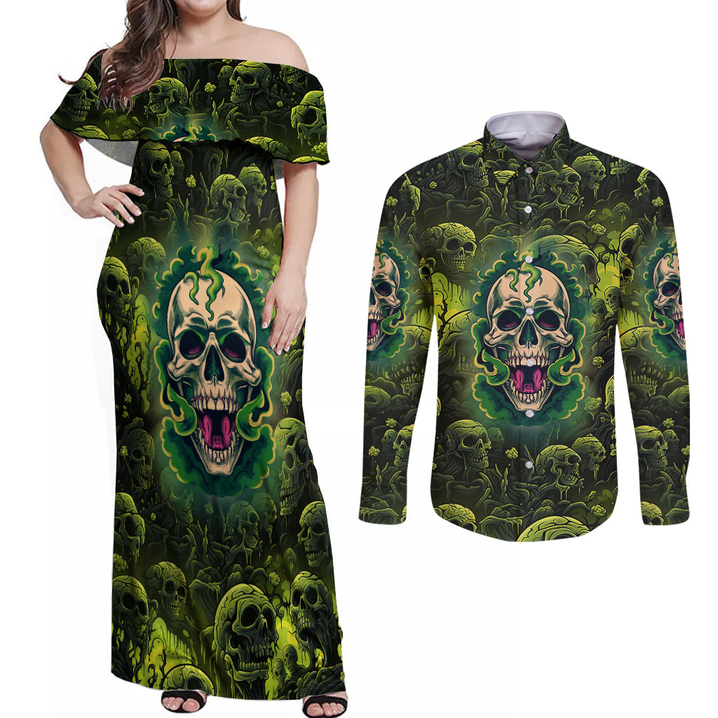 Zombie Skull Couples Matching Off Shoulder Maxi Dress and Long Sleeve Button Shirts I'm Like Literally Dead - Wonder Print Shop