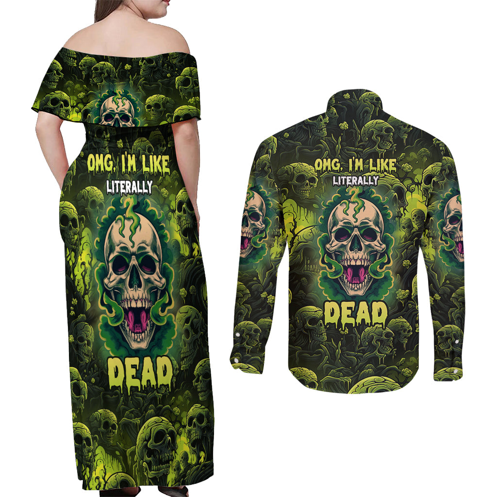 Zombie Skull Couples Matching Off Shoulder Maxi Dress and Long Sleeve Button Shirts I'm Like Literally Dead - Wonder Print Shop