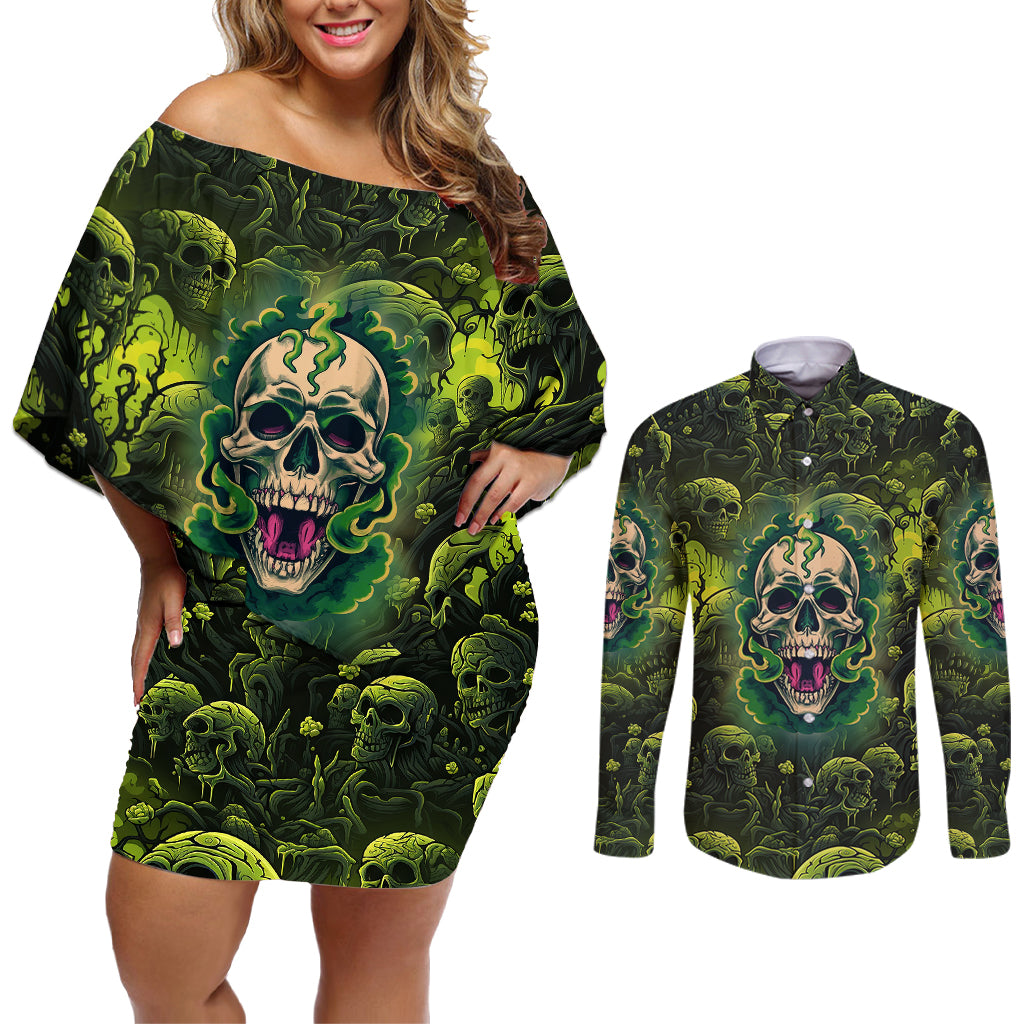 Zombie Skull Couples Matching Off Shoulder Short Dress and Long Sleeve Button Shirts I'm Like Literally Dead - Wonder Print Shop