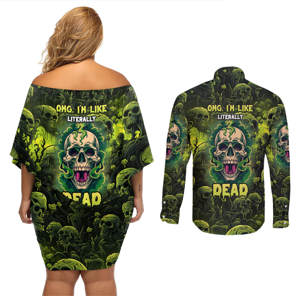 Zombie Skull Couples Matching Off Shoulder Short Dress and Long Sleeve Button Shirts I'm Like Literally Dead - Wonder Print Shop