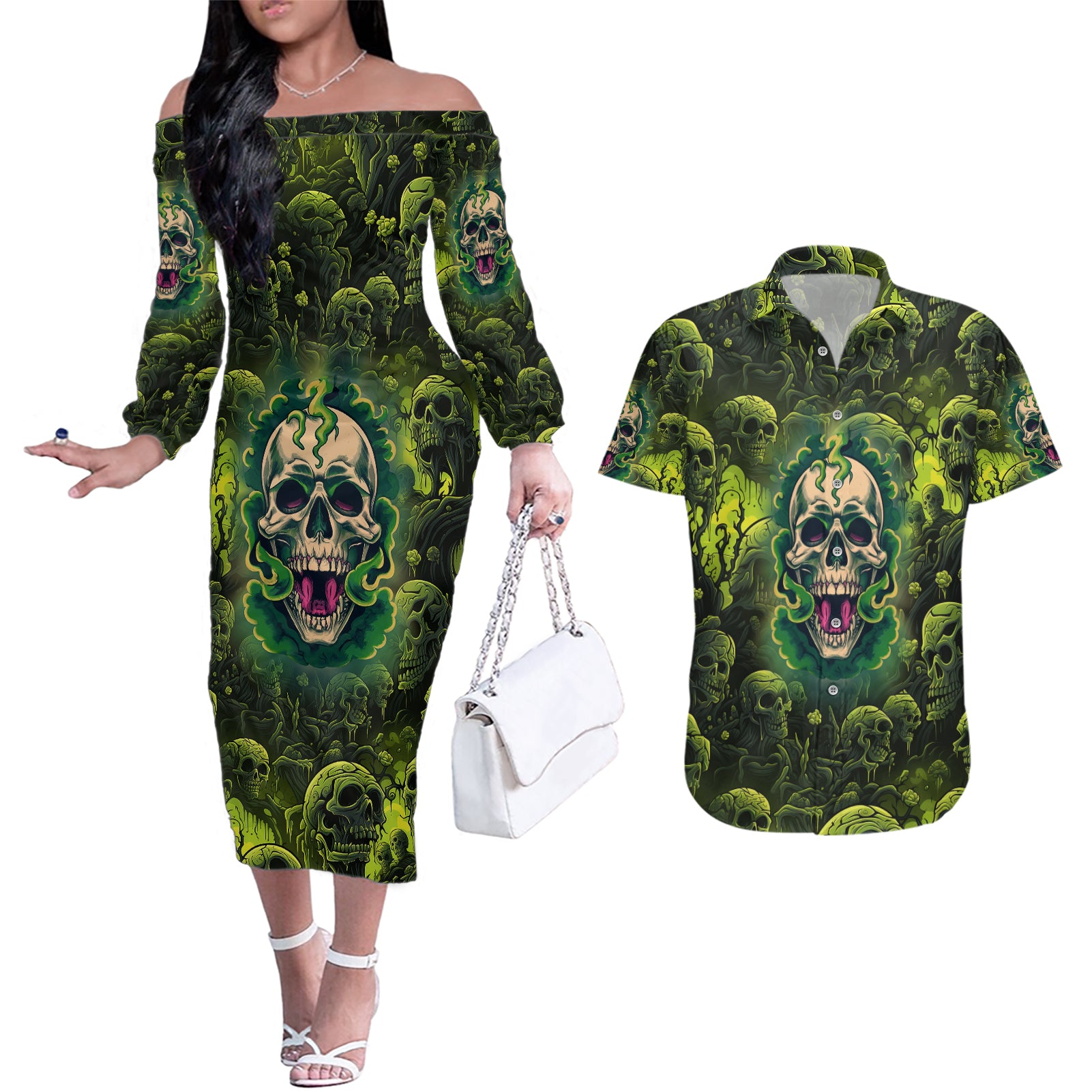 Zombie Skull Couples Matching Off The Shoulder Long Sleeve Dress and Hawaiian Shirt I'm Like Literally Dead - Wonder Print Shop