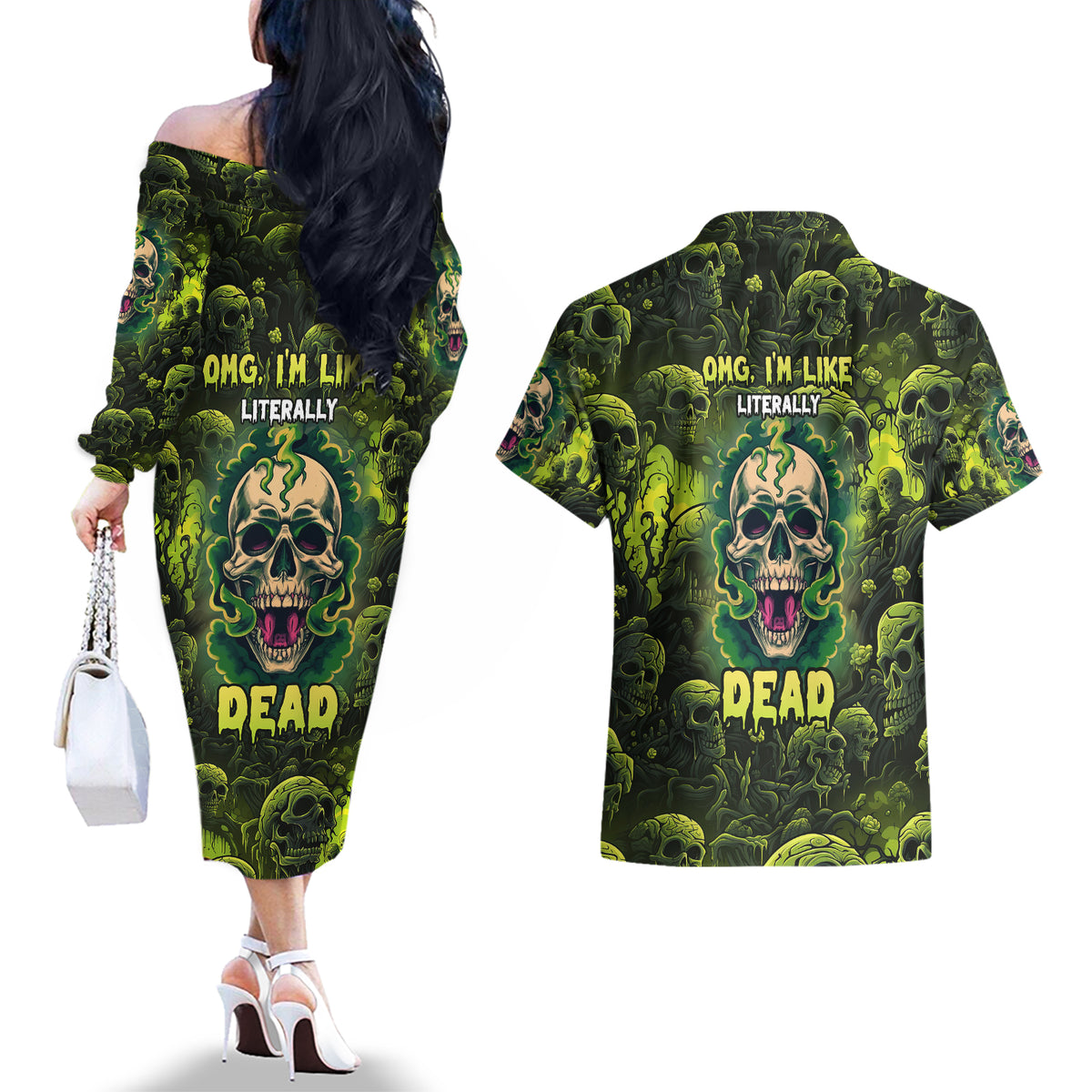 Zombie Skull Couples Matching Off The Shoulder Long Sleeve Dress and Hawaiian Shirt I'm Like Literally Dead - Wonder Print Shop