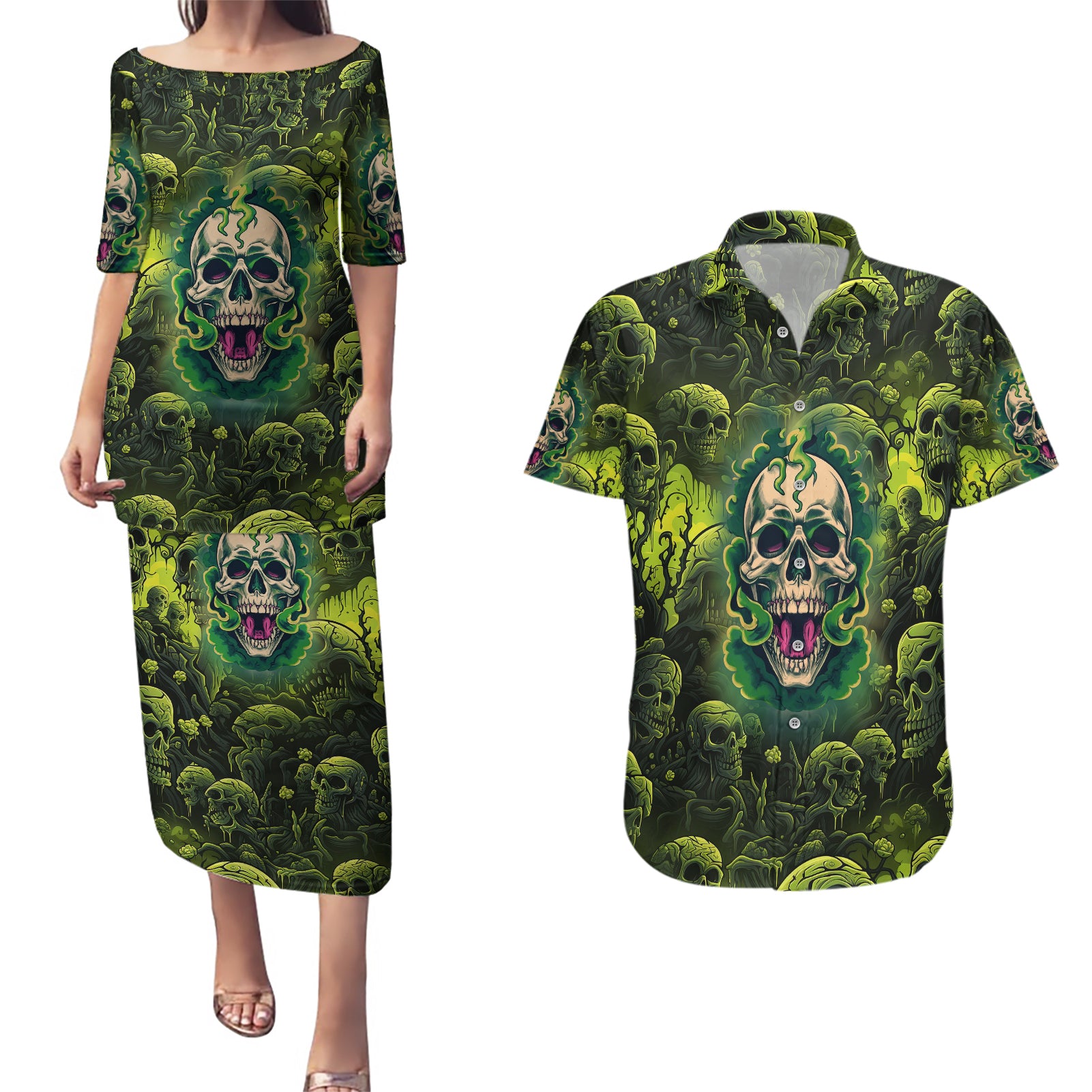 Zombie Skull Couples Matching Puletasi Dress and Hawaiian Shirt I'm Like Literally Dead - Wonder Print Shop