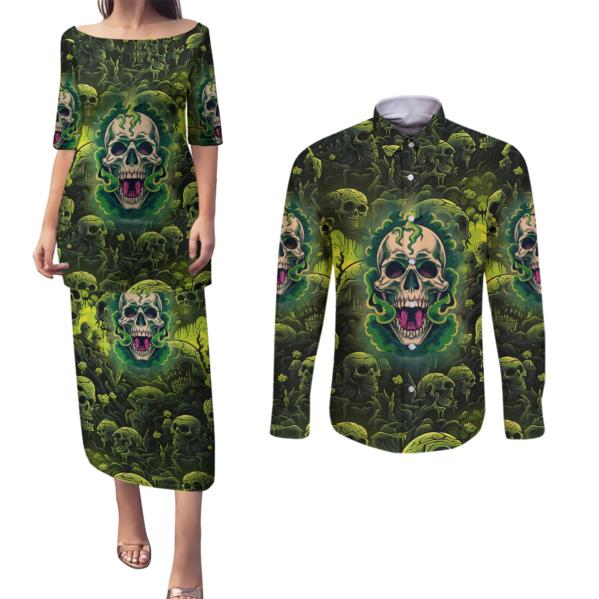 Zombie Skull Couples Matching Puletasi Dress and Long Sleeve Button Shirts I'm Like Literally Dead - Wonder Print Shop