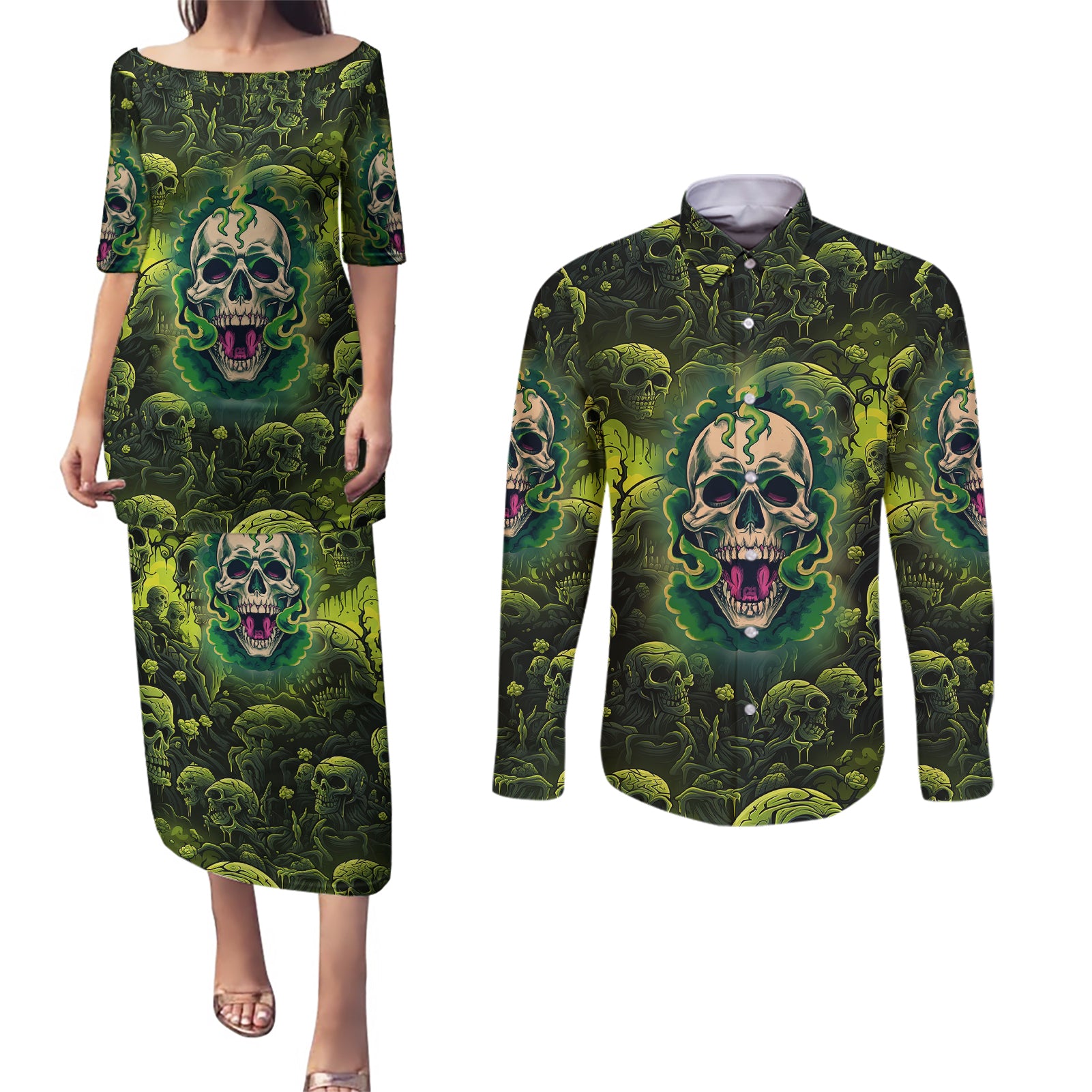 Zombie Skull Couples Matching Puletasi Dress and Long Sleeve Button Shirts I'm Like Literally Dead - Wonder Print Shop
