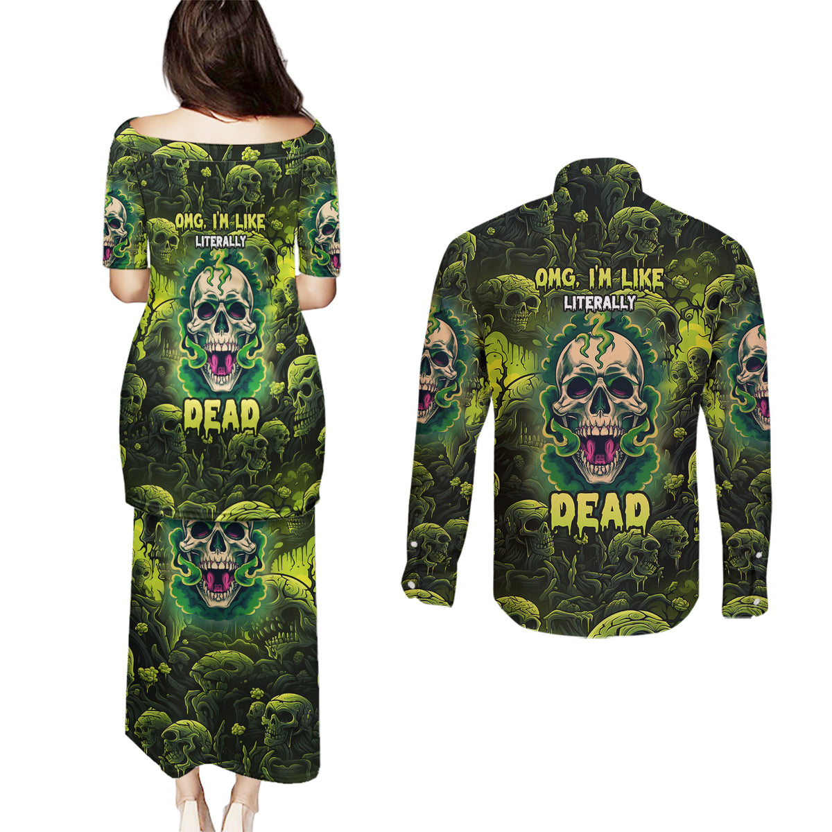 Zombie Skull Couples Matching Puletasi Dress and Long Sleeve Button Shirts I'm Like Literally Dead - Wonder Print Shop