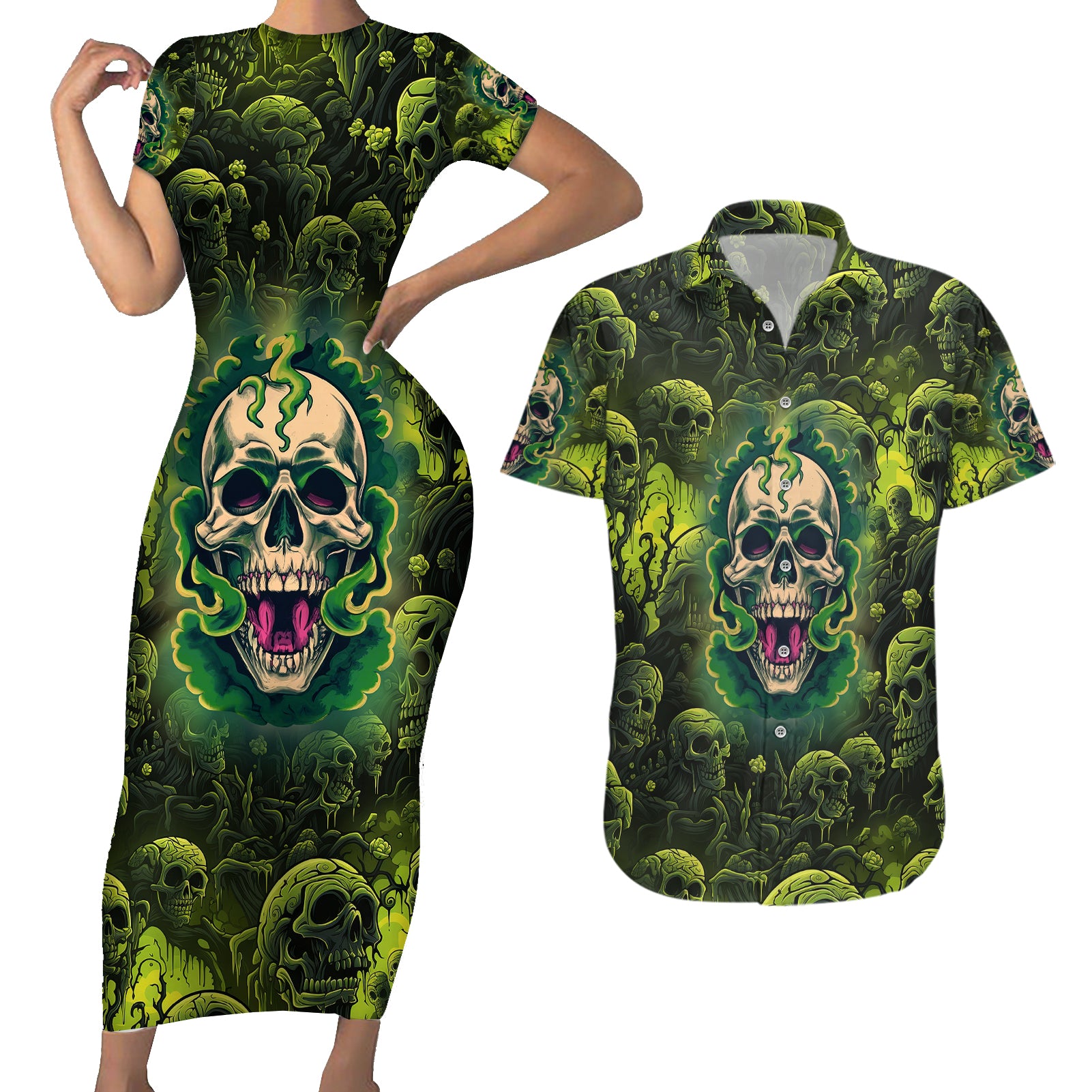 Zombie Skull Couples Matching Short Sleeve Bodycon Dress and Hawaiian Shirt I'm Like Literally Dead - Wonder Print Shop