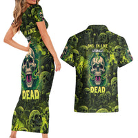 Zombie Skull Couples Matching Short Sleeve Bodycon Dress and Hawaiian Shirt I'm Like Literally Dead - Wonder Print Shop
