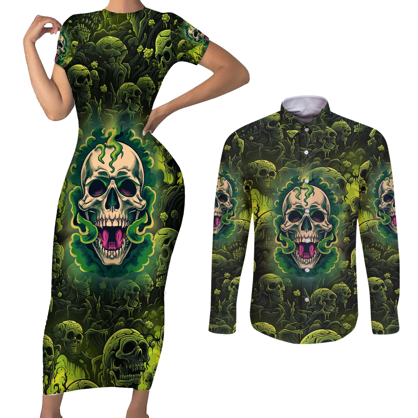 Zombie Skull Couples Matching Short Sleeve Bodycon Dress and Long Sleeve Button Shirts I'm Like Literally Dead - Wonder Print Shop
