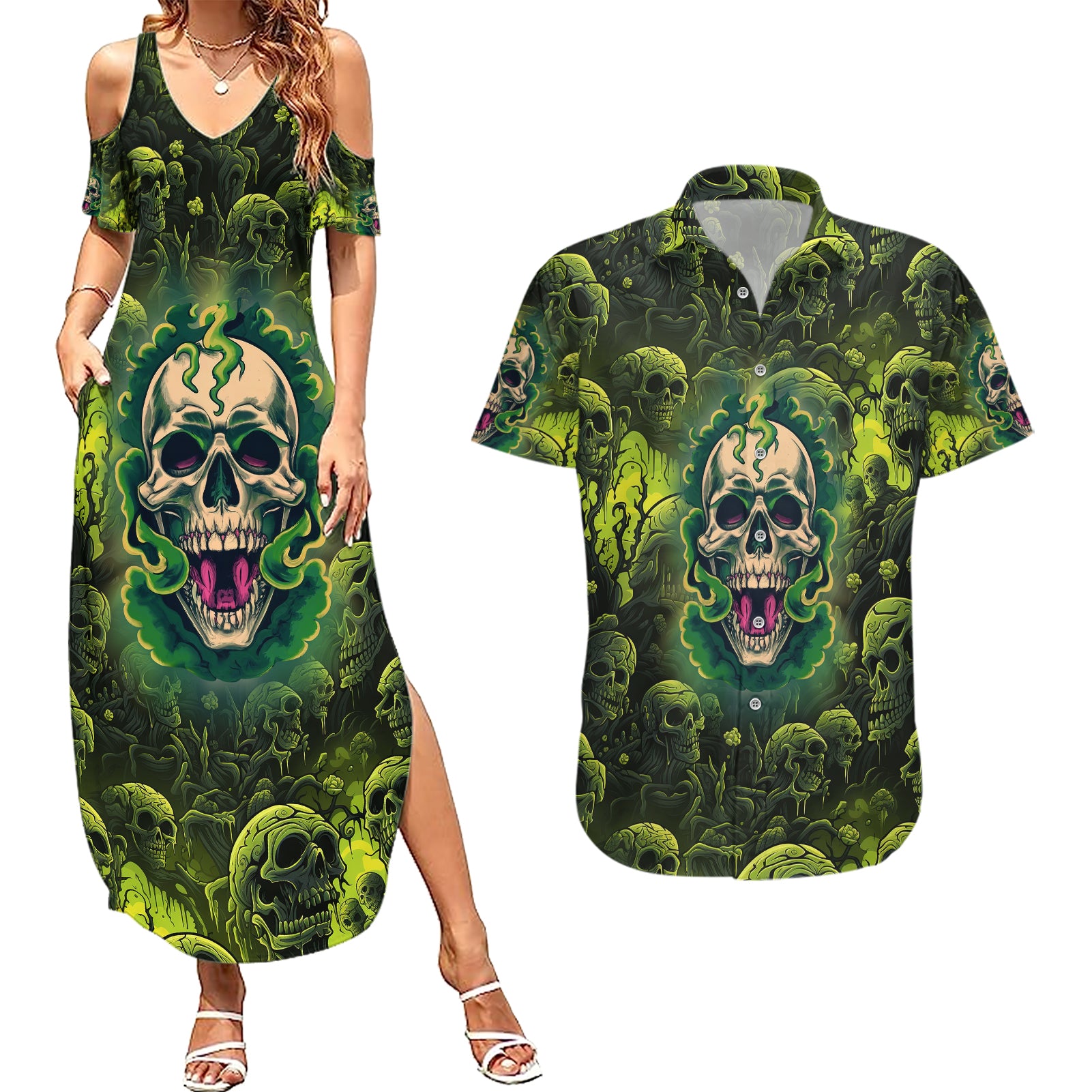 Zombie Skull Couples Matching Summer Maxi Dress and Hawaiian Shirt I'm Like Literally Dead - Wonder Print Shop