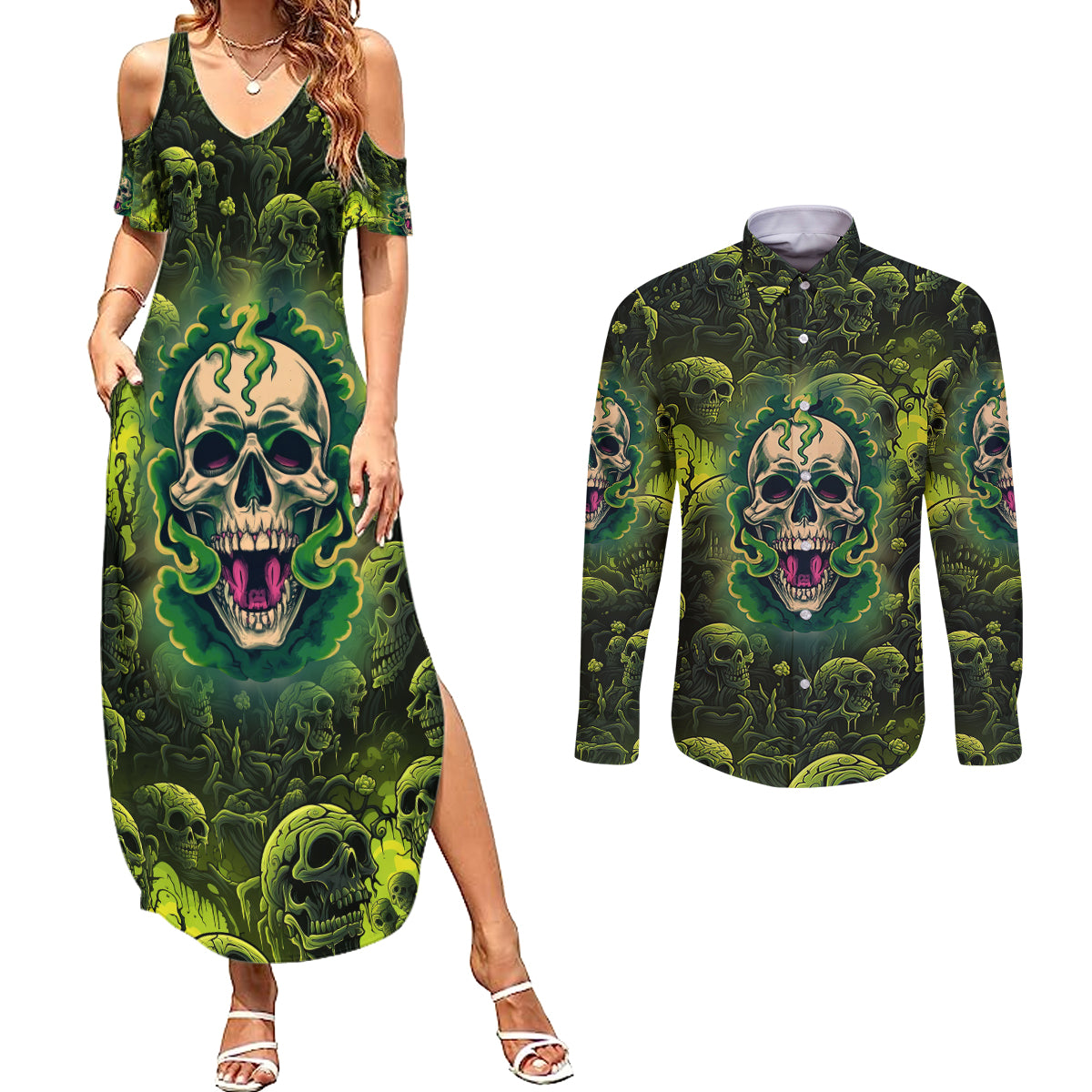 Zombie Skull Couples Matching Summer Maxi Dress and Long Sleeve Button Shirts I'm Like Literally Dead - Wonder Print Shop