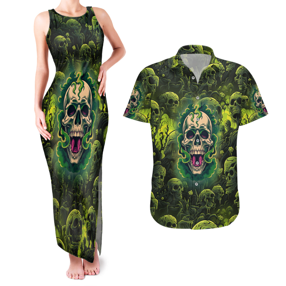 Zombie Skull Couples Matching Tank Maxi Dress and Hawaiian Shirt I'm Like Literally Dead - Wonder Print Shop
