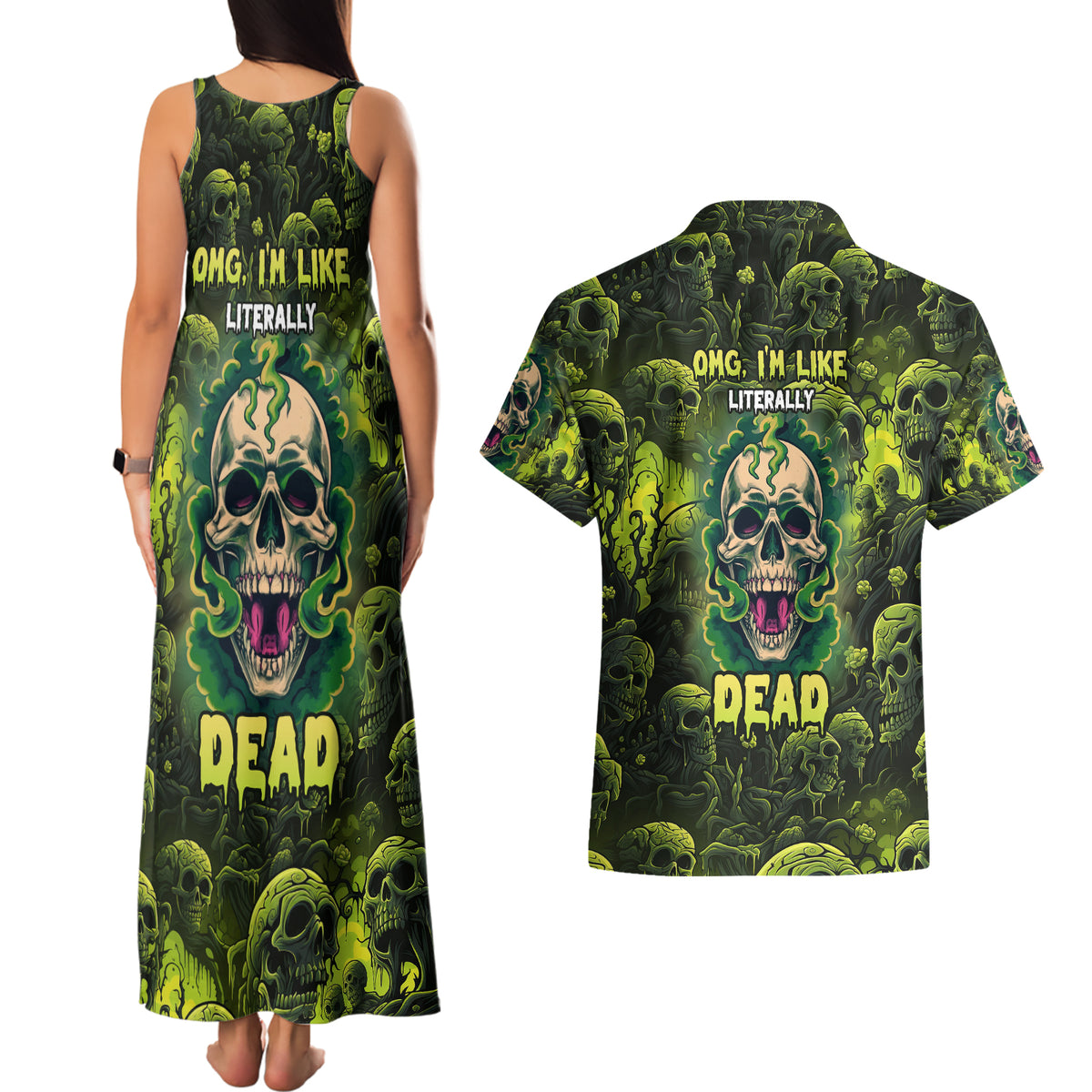 Zombie Skull Couples Matching Tank Maxi Dress and Hawaiian Shirt I'm Like Literally Dead - Wonder Print Shop