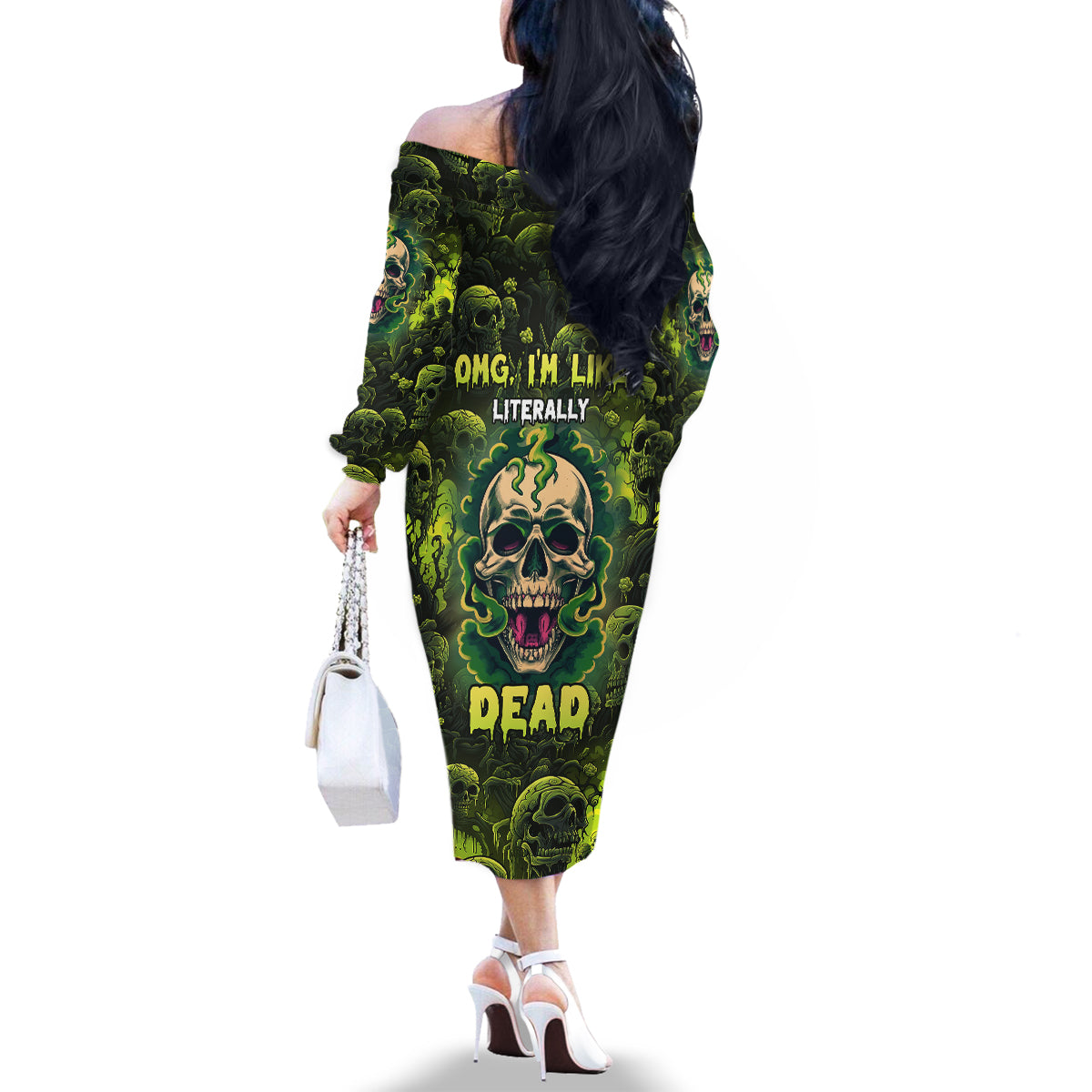 Zombie Skull Family Matching Off Shoulder Long Sleeve Dress and Hawaiian Shirt I'm Like Literally Dead - Wonder Print Shop