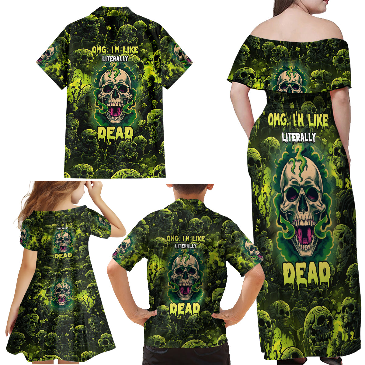 Zombie Skull Family Matching Off Shoulder Maxi Dress and Hawaiian Shirt I'm Like Literally Dead - Wonder Print Shop