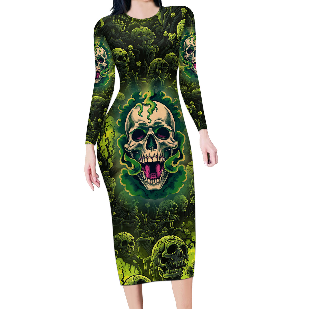 Zombie Skull Long Sleeve Bodycon Dress I'm Like Literally Dead - Wonder Print Shop