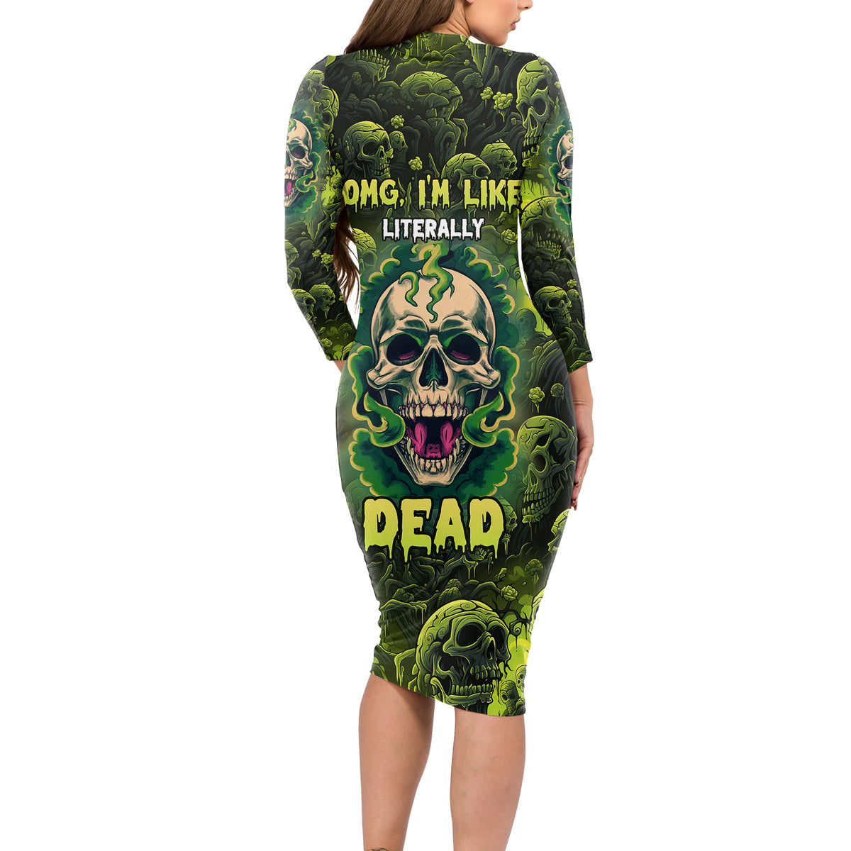 Zombie Skull Long Sleeve Bodycon Dress I'm Like Literally Dead - Wonder Print Shop