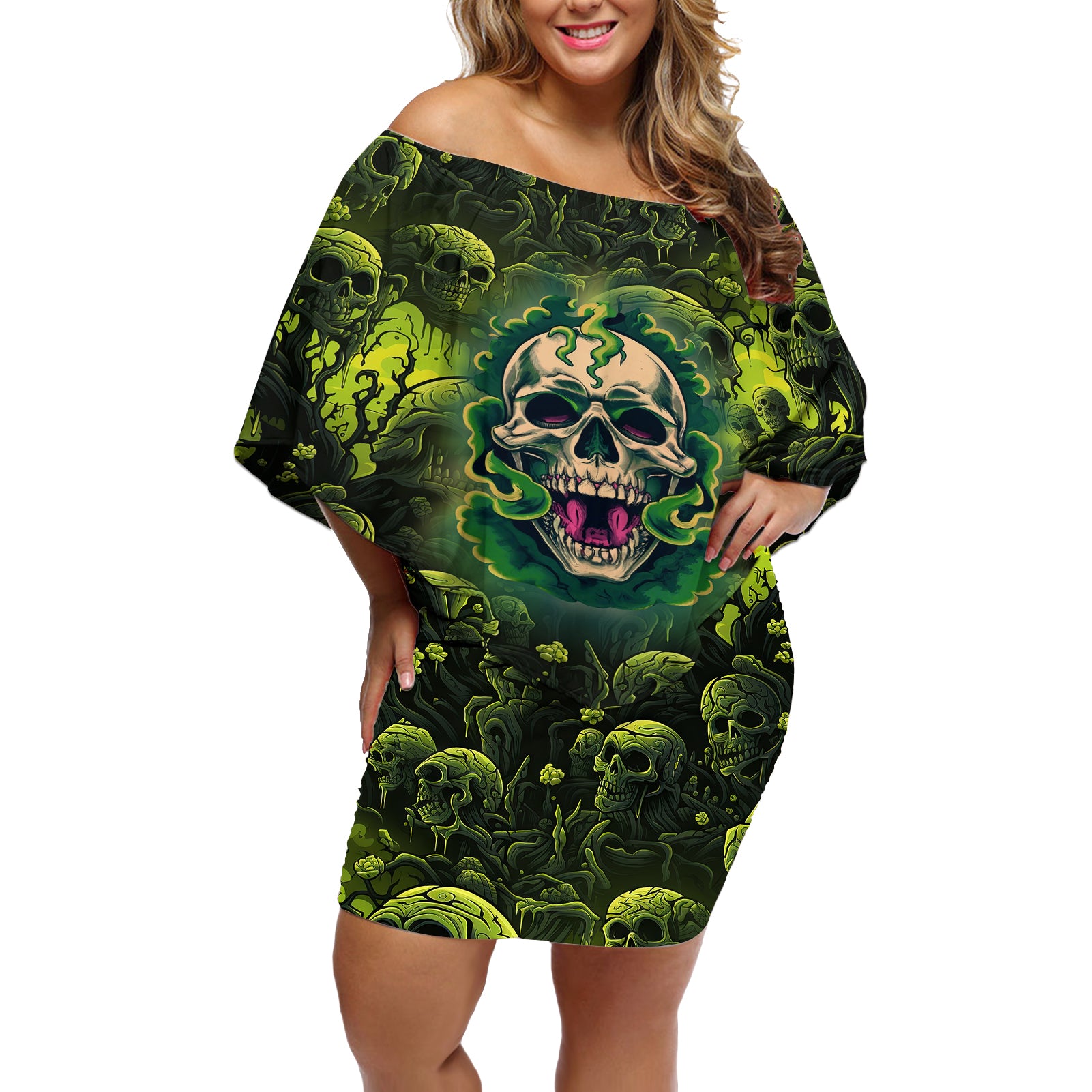 Zombie Skull Off Shoulder Short Dress I'm Like Literally Dead - Wonder Print Shop