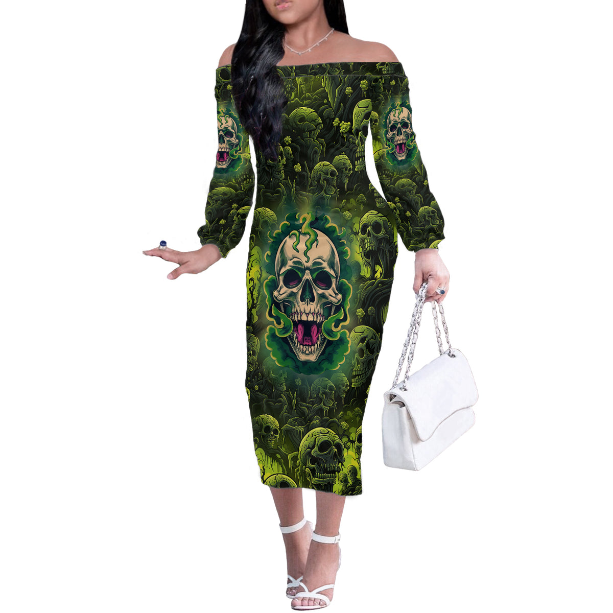 Zombie Skull Off The Shoulder Long Sleeve Dress I'm Like Literally Dead - Wonder Print Shop