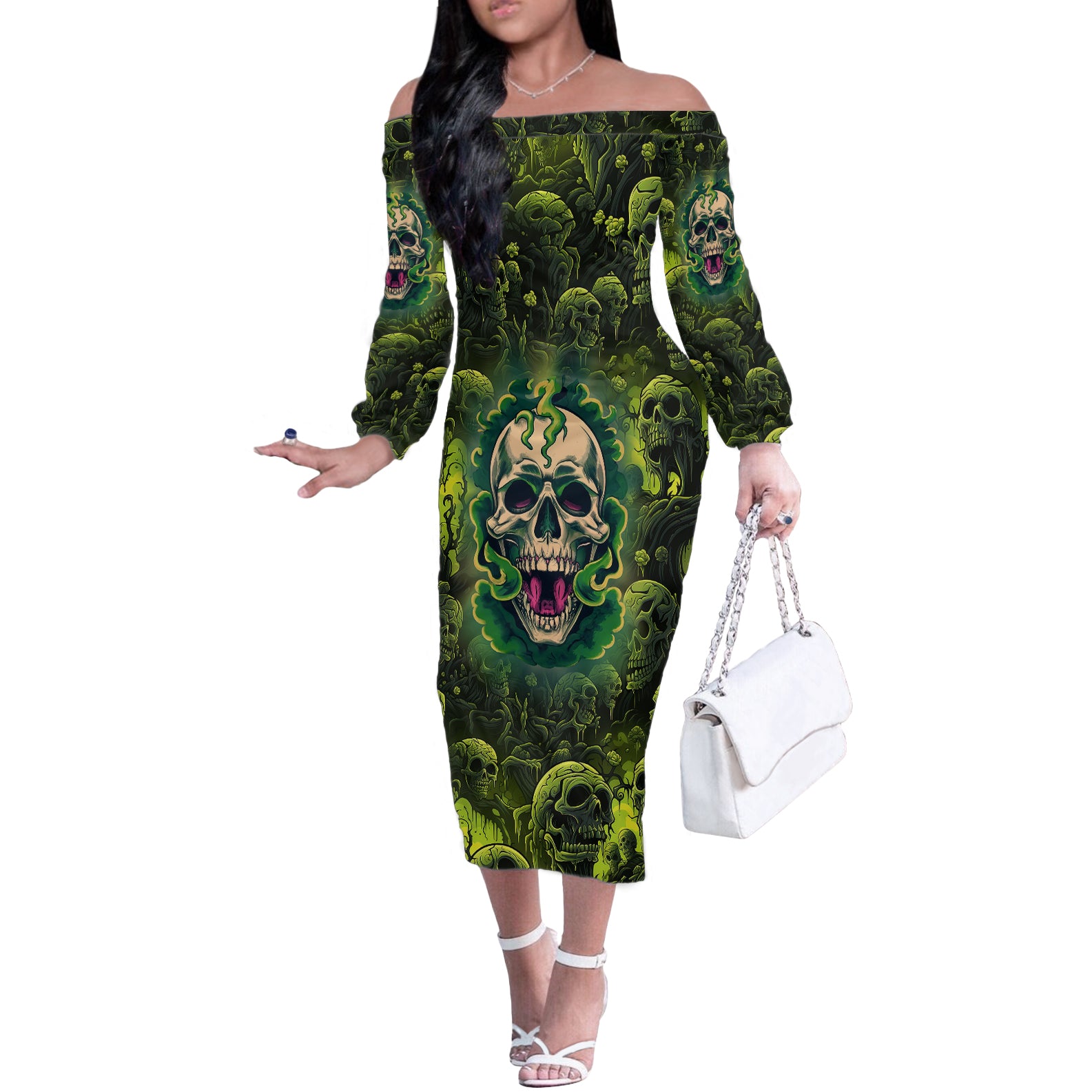 Zombie Skull Off The Shoulder Long Sleeve Dress I'm Like Literally Dead - Wonder Print Shop