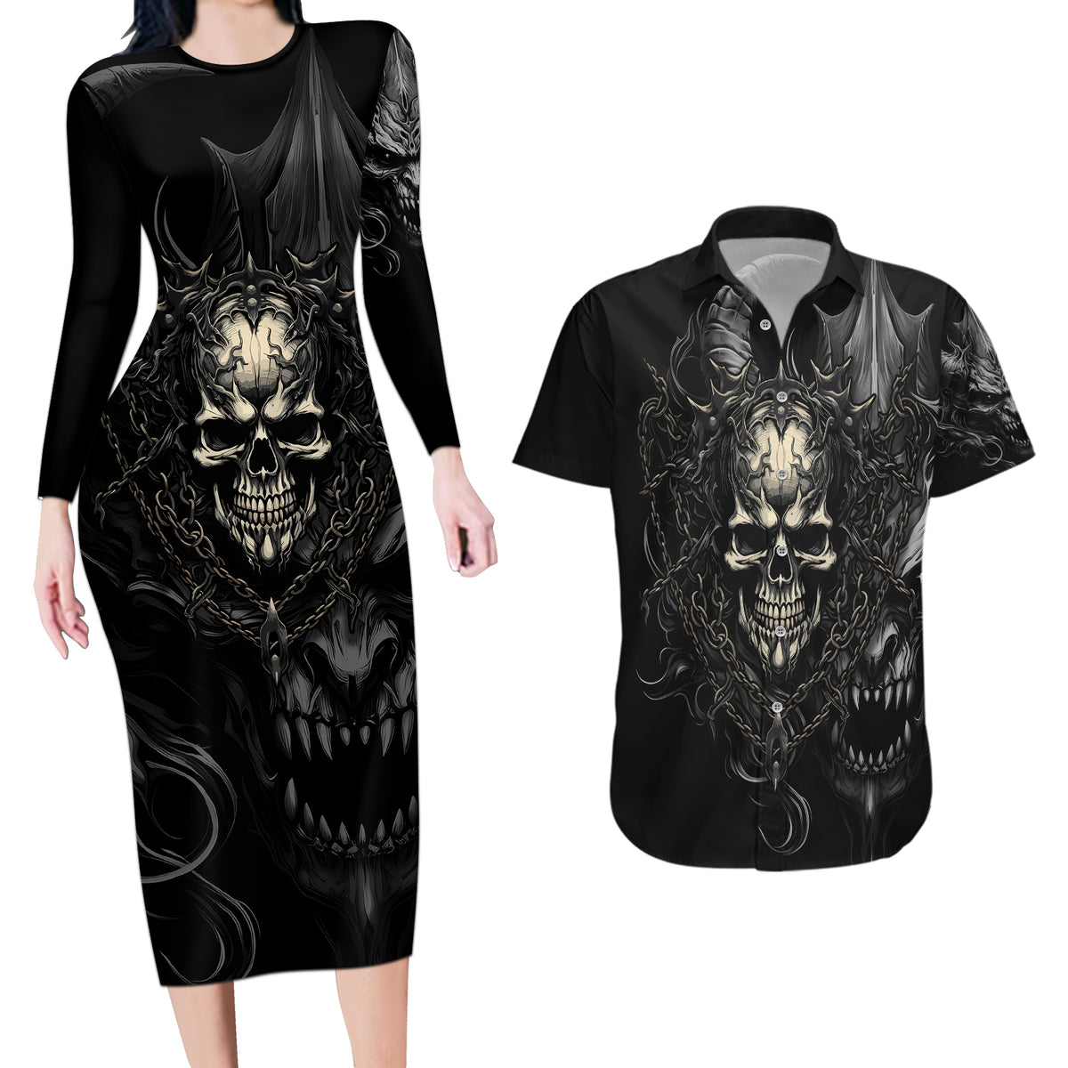 Skull Demon Fantasy Couples Matching Long Sleeve Bodycon Dress and Hawaiian Shirt Time To Unleash A Litte Hell - Wonder Print Shop