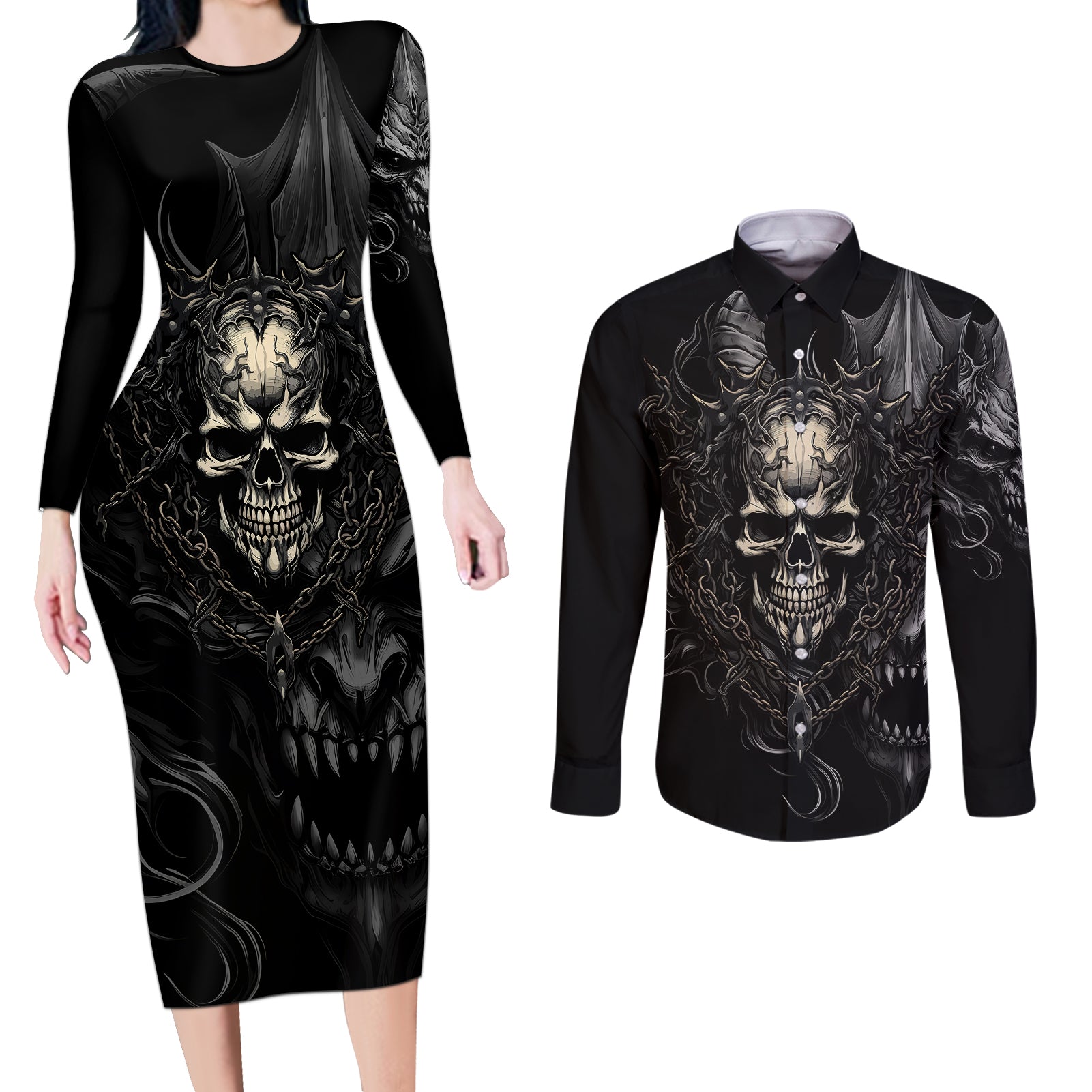 Skull Demon Fantasy Couples Matching Long Sleeve Bodycon Dress and Long Sleeve Button Shirts Time To Unleash A Litte Hell - Wonder Print Shop