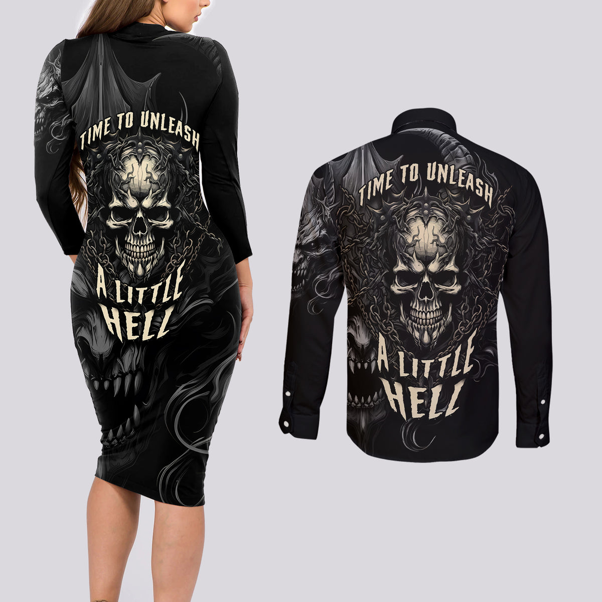 Skull Demon Fantasy Couples Matching Long Sleeve Bodycon Dress and Long Sleeve Button Shirts Time To Unleash A Litte Hell - Wonder Print Shop