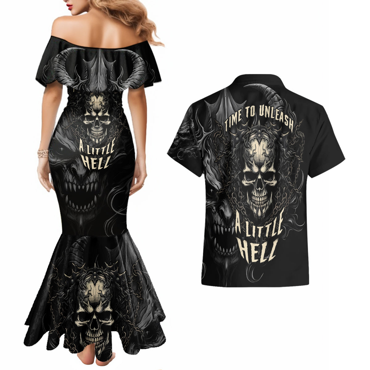 Skull Demon Fantasy Couples Matching Mermaid Dress and Hawaiian Shirt Time To Unleash A Litte Hell - Wonder Print Shop