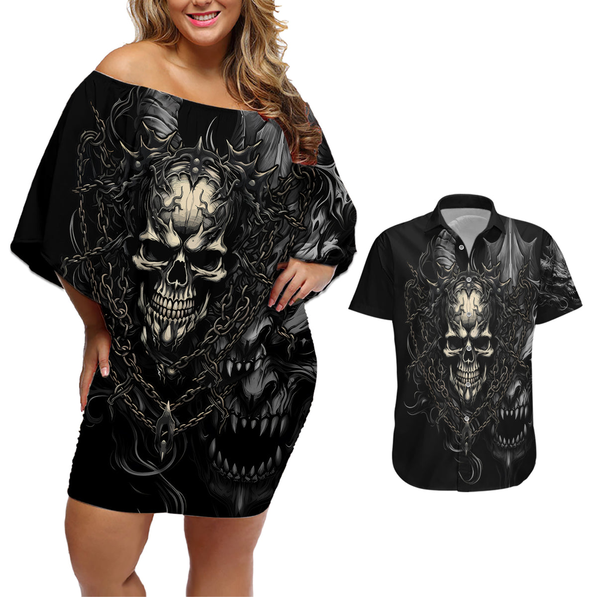 Skull Demon Fantasy Couples Matching Off Shoulder Short Dress and Hawaiian Shirt Time To Unleash A Litte Hell - Wonder Print Shop