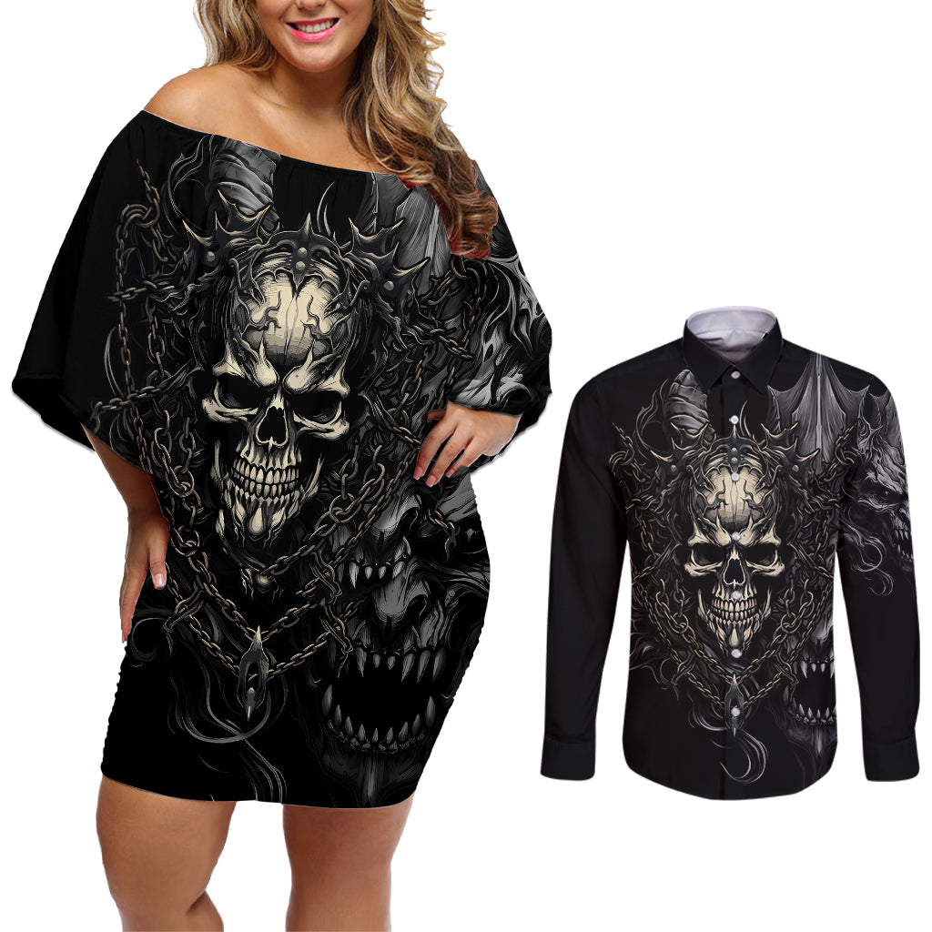 Skull Demon Fantasy Couples Matching Off Shoulder Short Dress and Long Sleeve Button Shirts Time To Unleash A Litte Hell - Wonder Print Shop