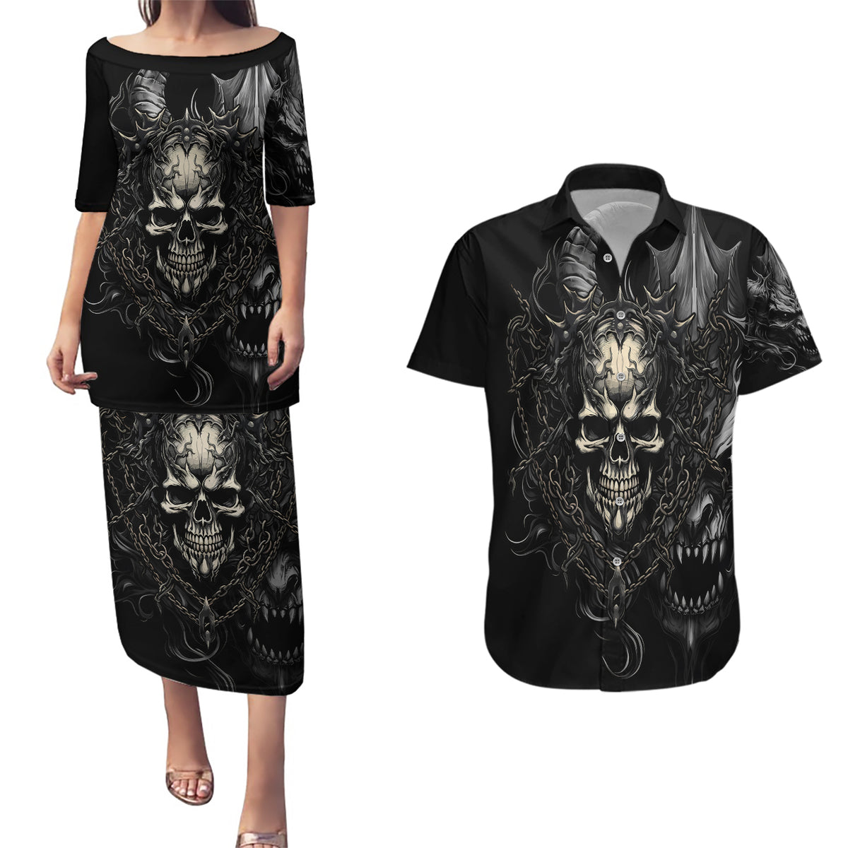 Skull Demon Fantasy Couples Matching Puletasi Dress and Hawaiian Shirt Time To Unleash A Litte Hell - Wonder Print Shop