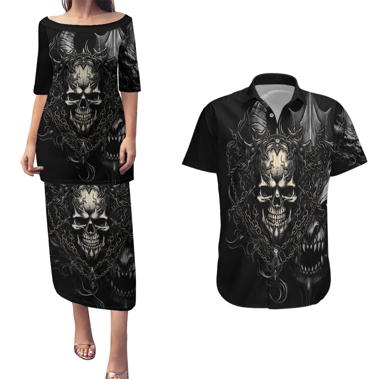 Skull Demon Fantasy Couples Matching Puletasi Dress and Hawaiian Shirt Time To Unleash A Litte Hell - Wonder Print Shop